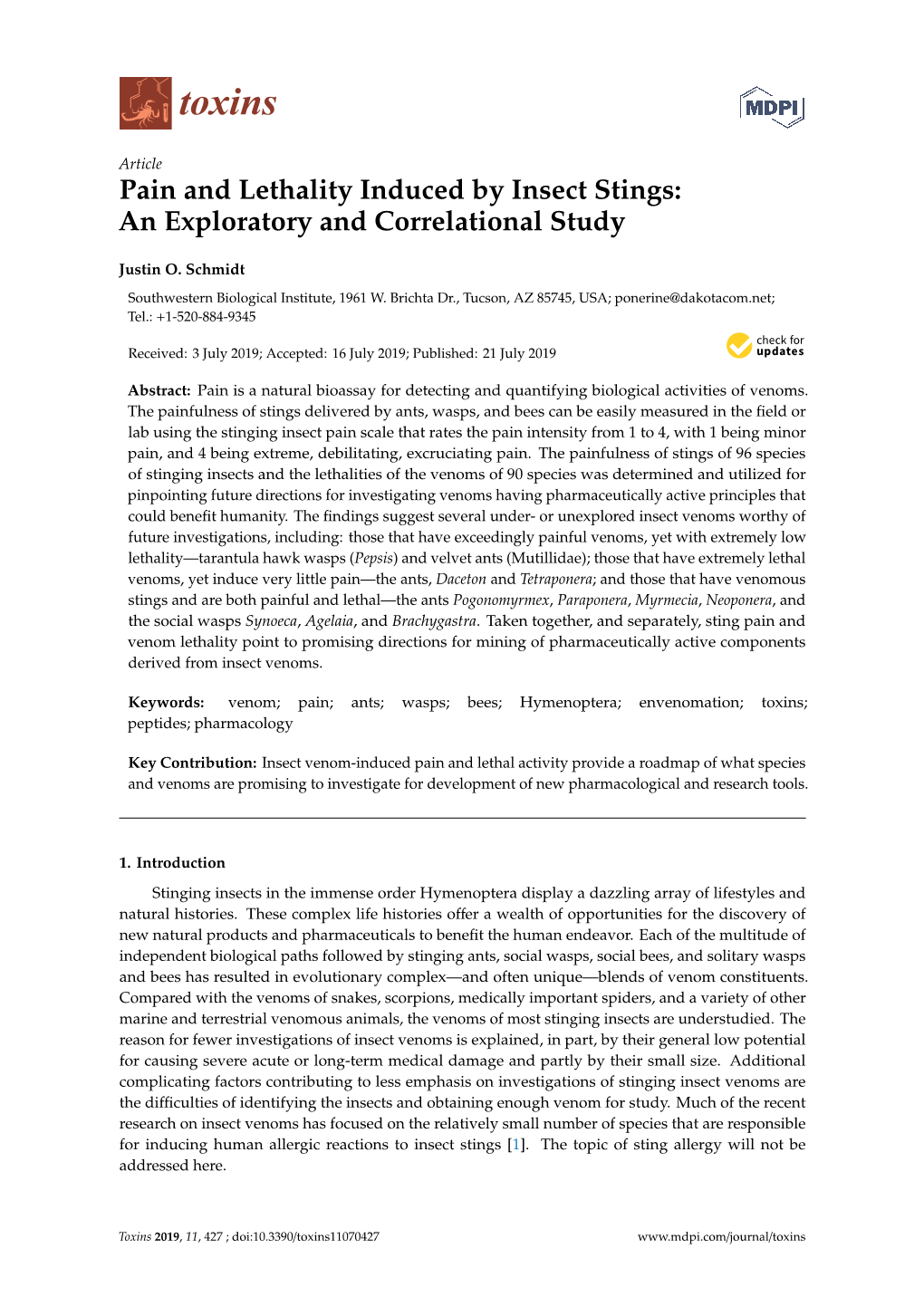 Pain and Lethality Induced by Insect Stings: an Exploratory and Correlational Study