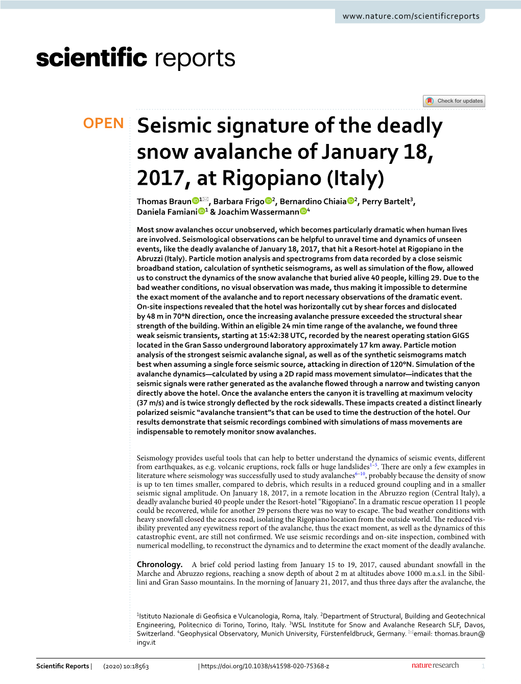 Seismic Signature of the Deadly Snow Avalanche of January 18, 2017, at Rigopiano (Italy)