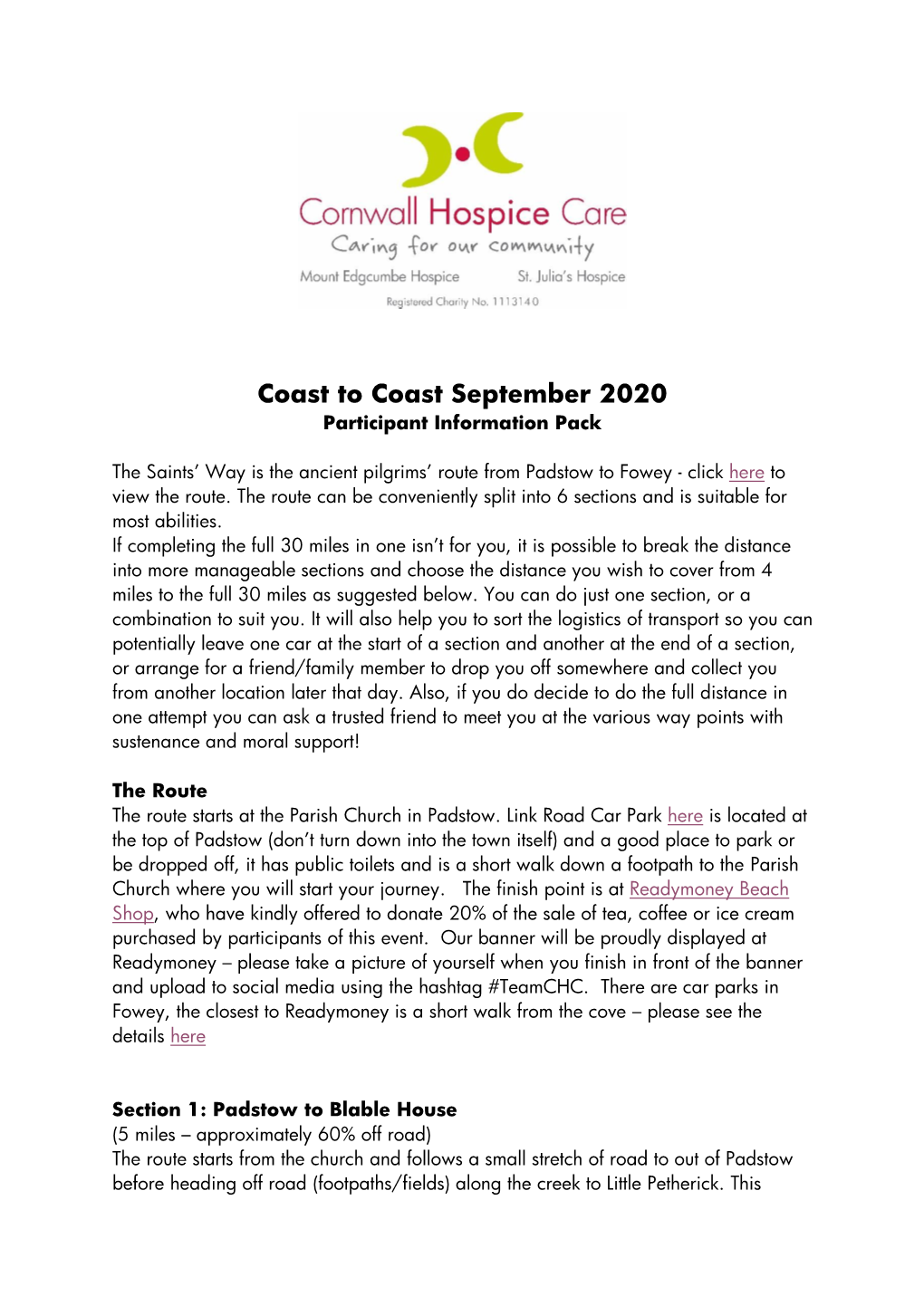 Coast to Coast September 2020 Participant Information Pack