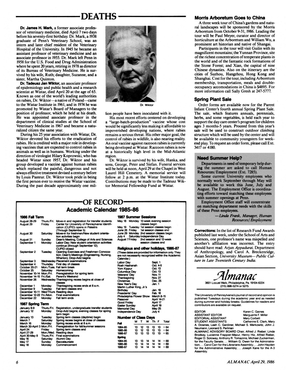 Academic Calendar, 1986‑1987