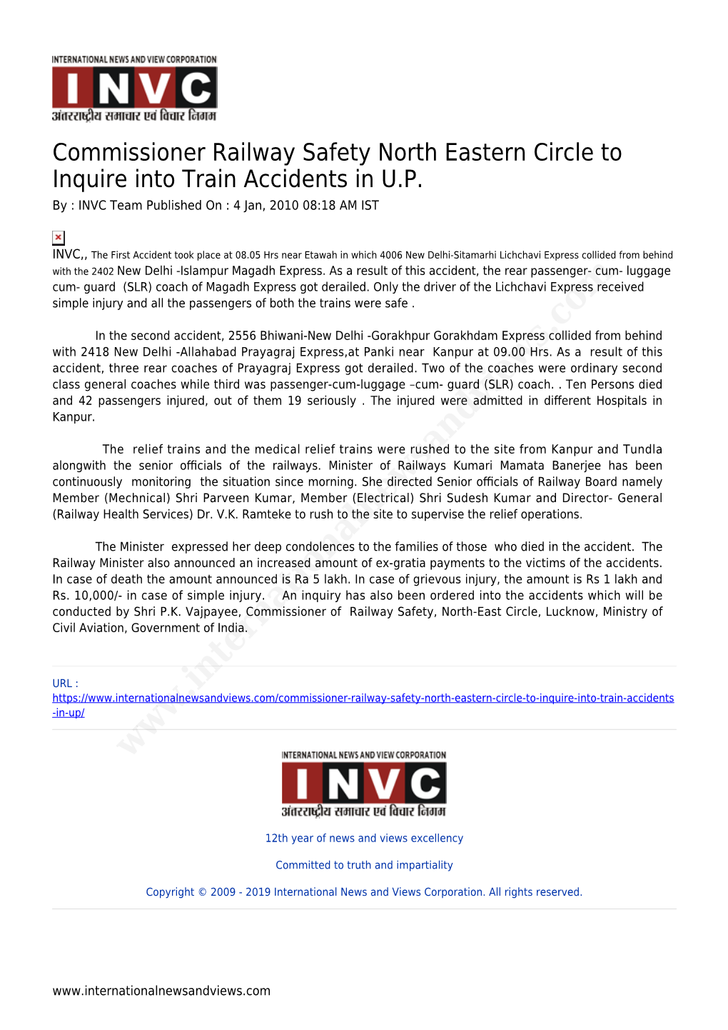 Commissioner Railway Safety North Eastern Circle to Inquire Into Train Accidents in U.P