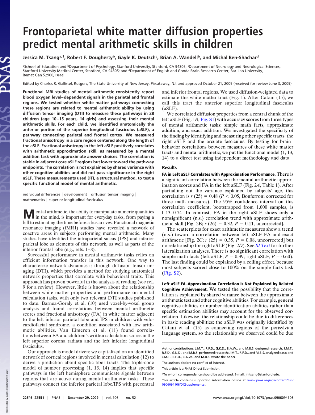 Frontoparietal White Matter Diffusion Properties Predict Mental Arithmetic Skills in Children