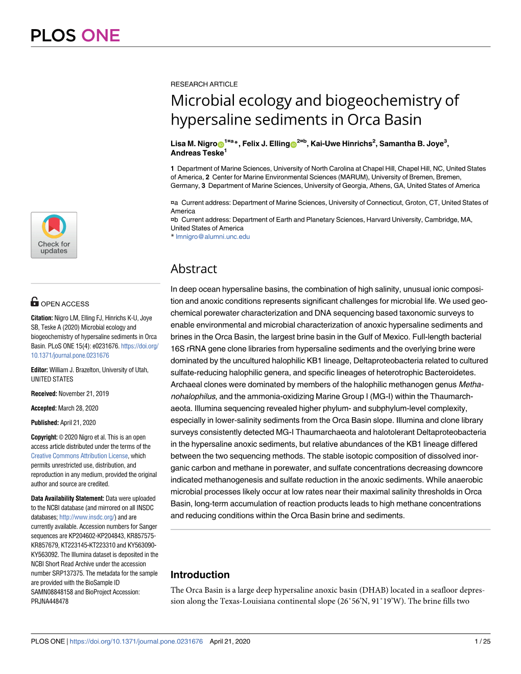 Microbial Ecology and Biogeochemistry of Hypersaline Sediments in Orca Basin