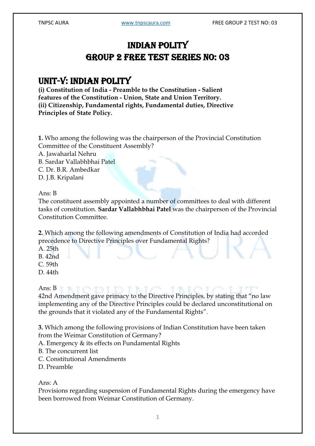 Indian Polity Group 2 Free Test Series No: 03