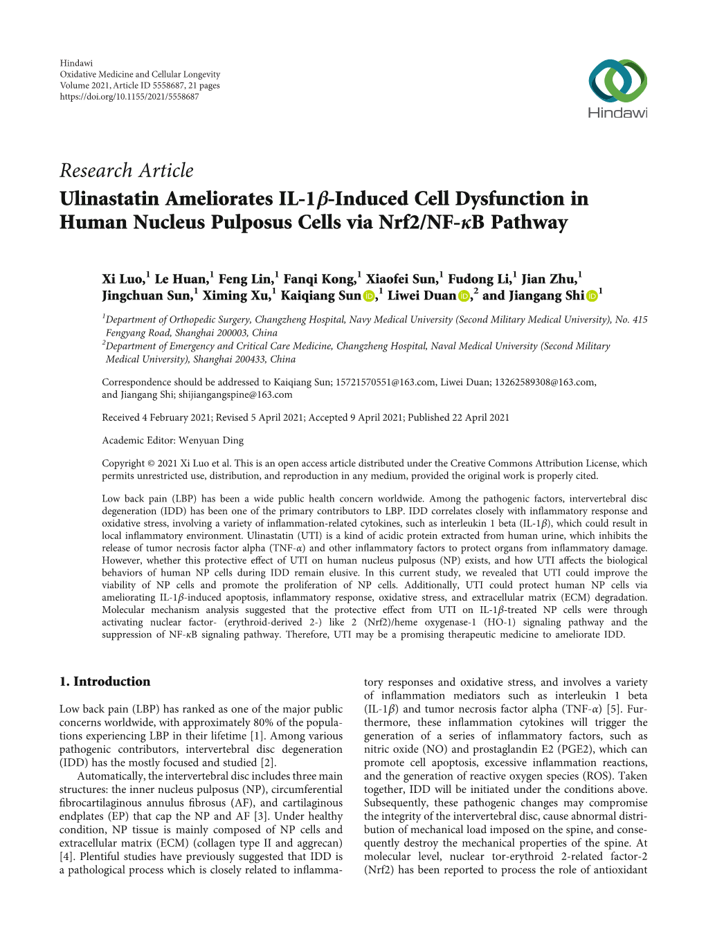 Research Article Ulinastatin Ameliorates IL-1Β-Induced Cell Dysfunction in Human Nucleus Pulposus Cells Via Nrf2/NF-Κb Pathway