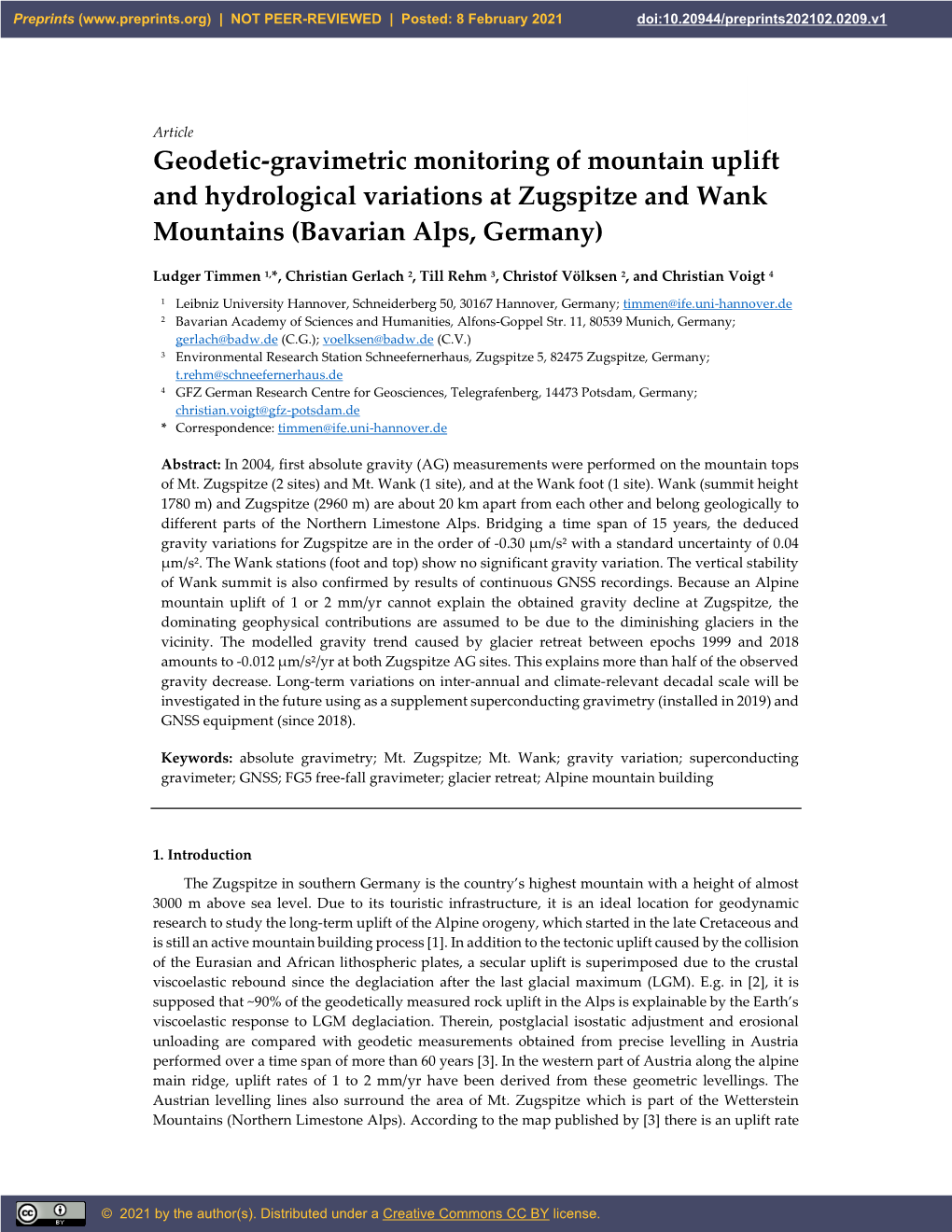 Geodetic-Gravimetric Monitoring of Mountain Uplift and Hydrological Variations at Zugspitze and Wank Mountains (Bavarian Alps, Germany)