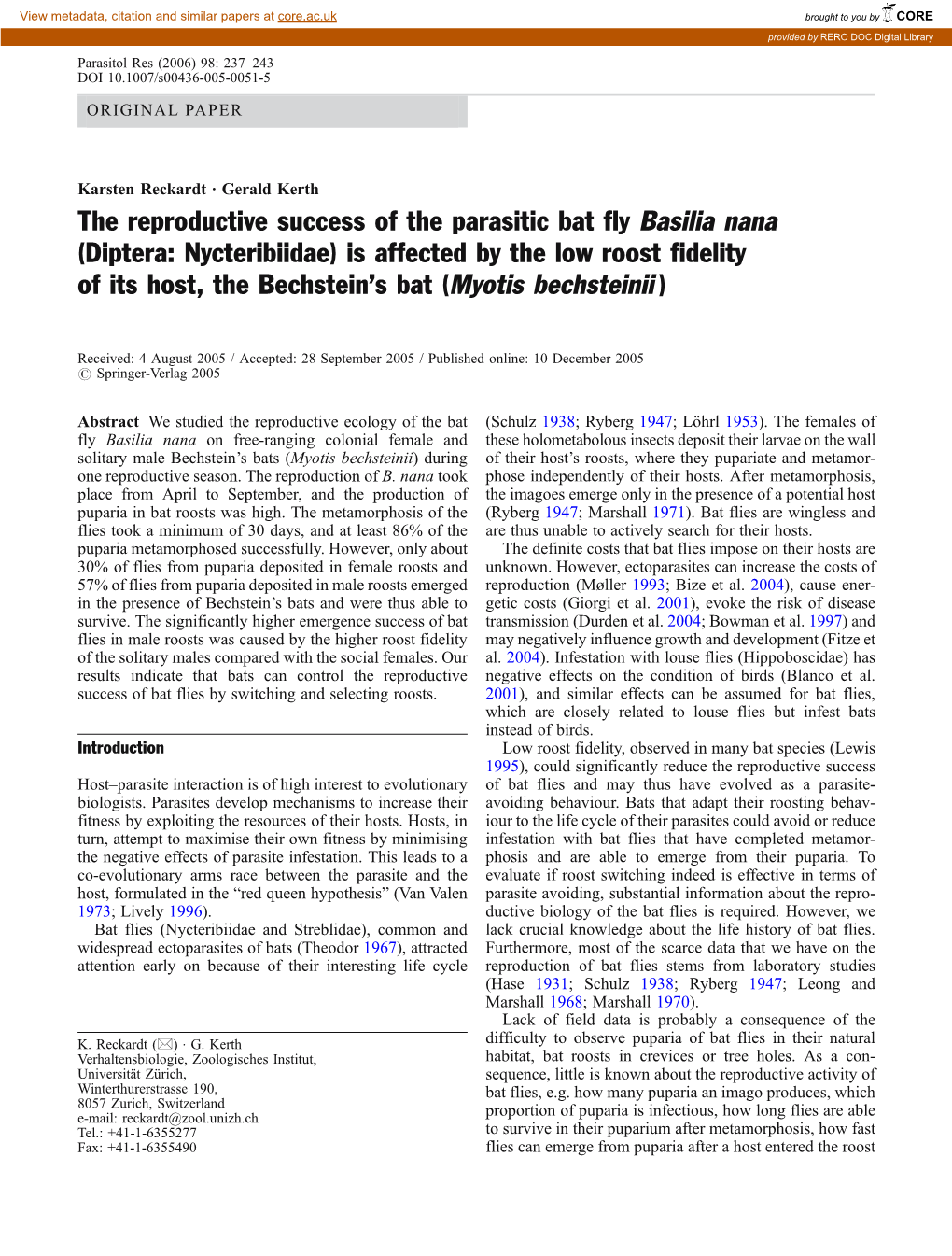 The Reproductive Success of the Parasitic Bat Fly Basilia Nana