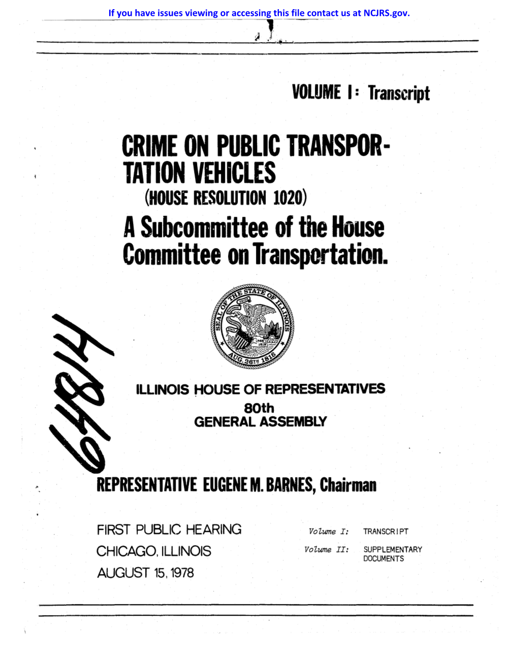 CRIME on PUBLIC TRANSPOR­ TATION VEHICLES (HOUSE RESOLUTION 1020) Asubcommittee of the House Committee on Transportation