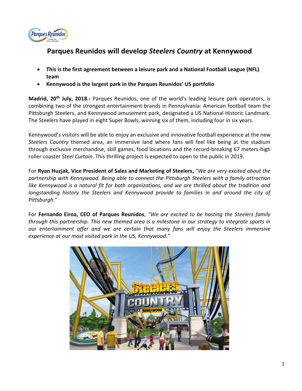 Parques Reunidos Will Develop Steelers Country at Kennywood