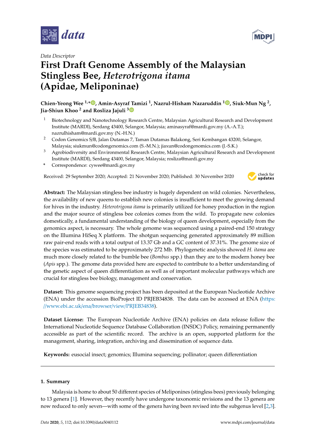 First Draft Genome Assembly of the Malaysian Stingless Bee, Heterotrigona Itama (Apidae, Meliponinae)