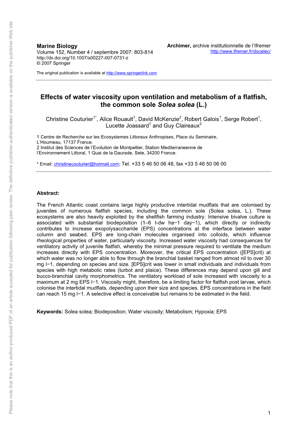 Effects of Water Viscosity Upon Ventilation and Metabolism of a Flatfish, the Common Sole Solea Solea