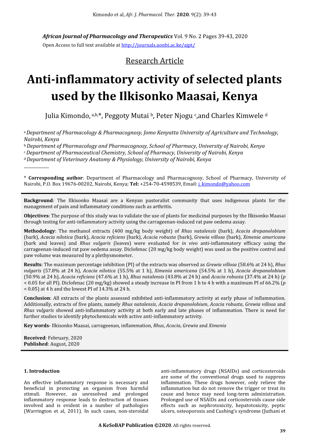 Anti-Inflammatory Activity of Selected Plants Used by the Ilkisonko Maasai, Kenya