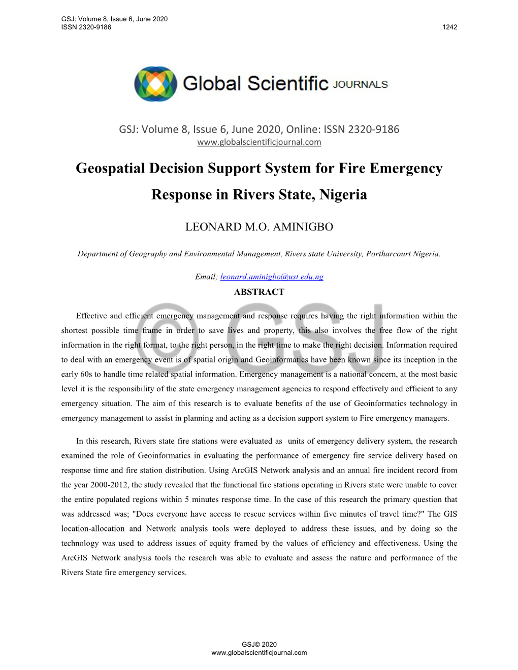 Geospatial Decision Support System for Fire Emergency Response in Rivers State, Nigeria