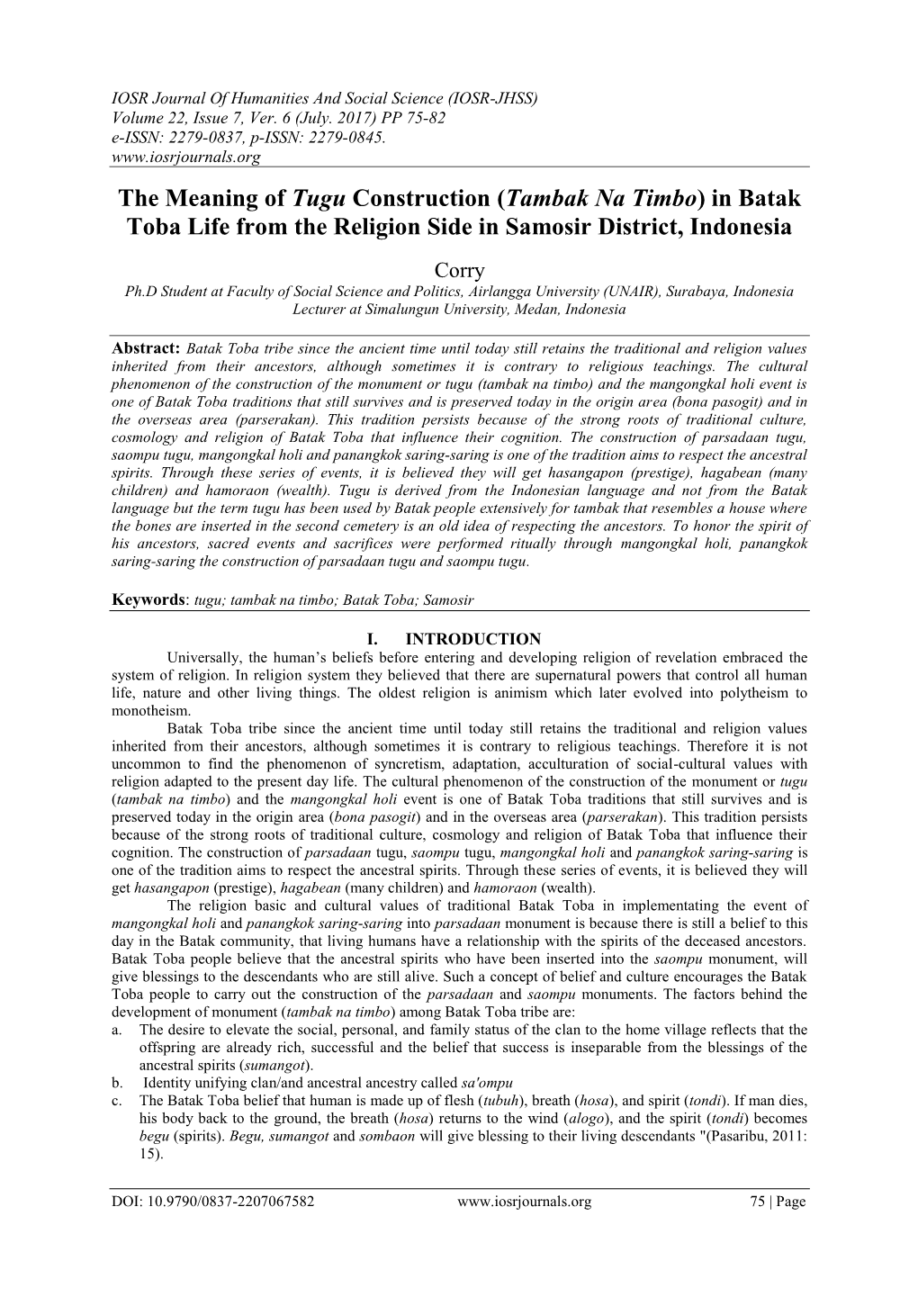 The Meaning of Tugu Construction (Tambak Na Timbo) in Batak Toba Life from the Religion Side in Samosir District, Indonesia