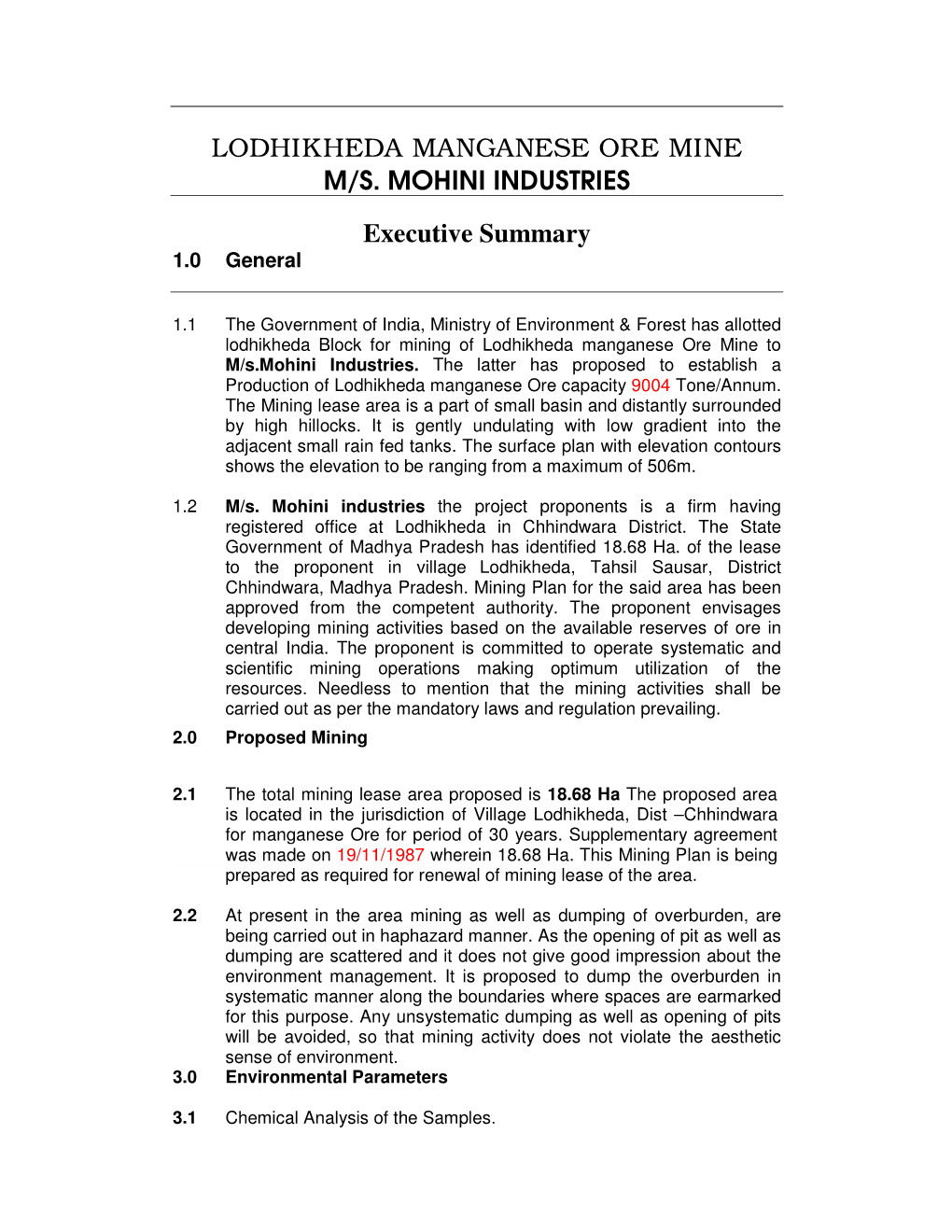 LODHIKHEDA MANGANESE ORE MINE M/S. MOHINI INDUSTRIES Executive Summary