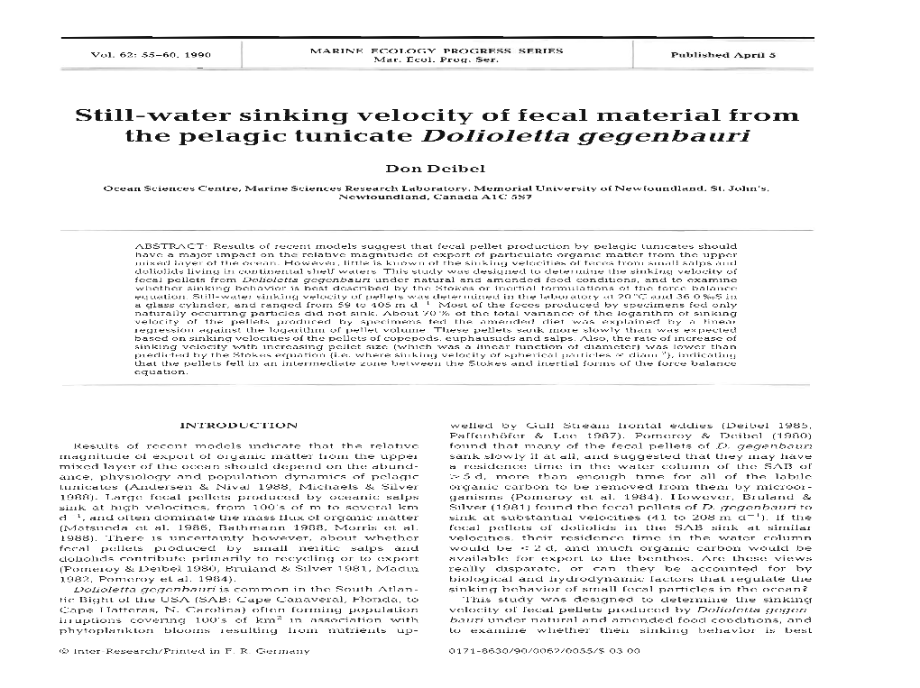 Still-Water Sinking Velocity of Fecal Material from the Pelagic Tunicate Dolioletta Gegenbauri