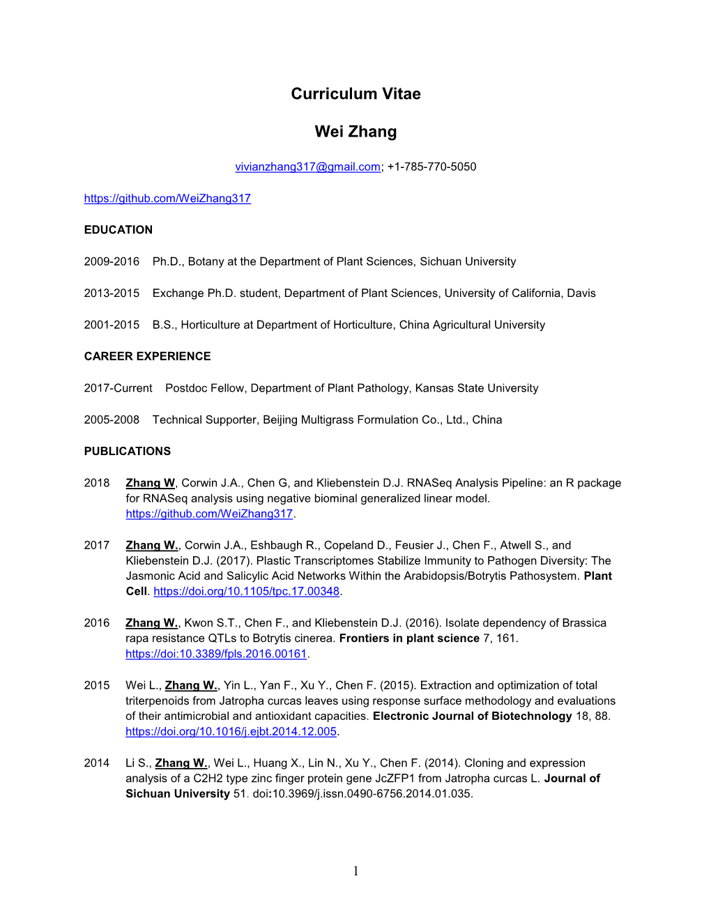 Curriculum Vitae Wei Zhang