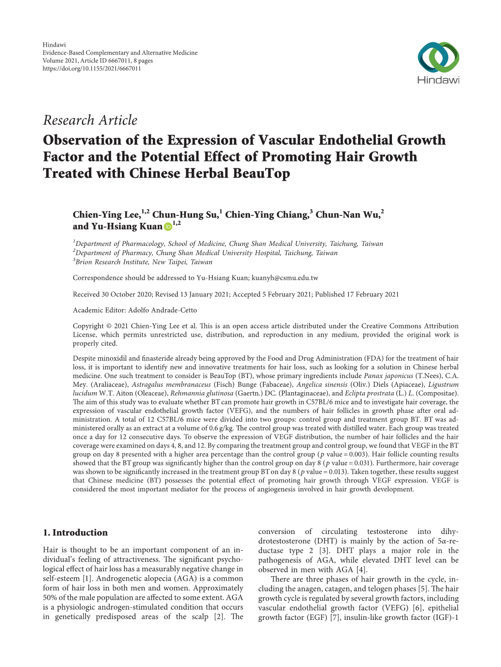 Observation of the Expression of Vascular Endothelial Growth Factor and the Potential Effect of Promoting Hair Growth Treated with Chinese Herbal Beautop