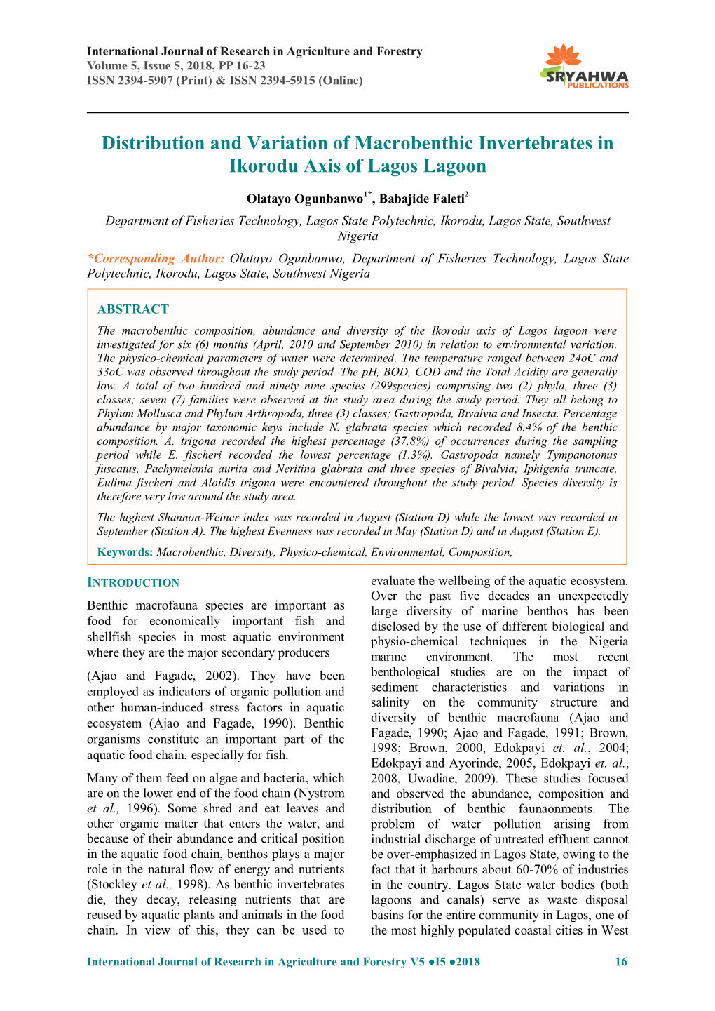 Distribution and Variation of Macrobenthic Invertebrates in Ikorodu Axis of Lagos Lagoon