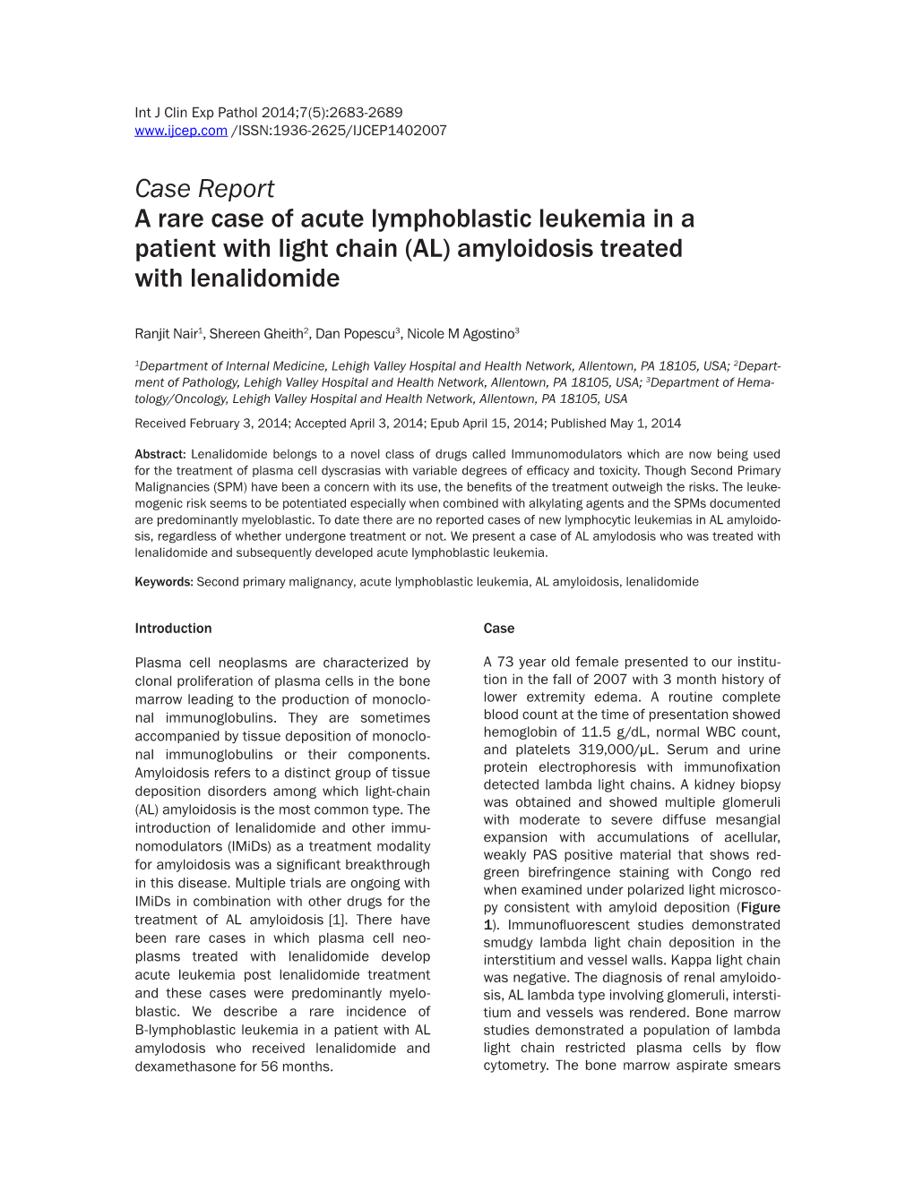 Case Report a Rare Case of Acute Lymphoblastic Leukemia in a Patient with Light Chain (AL) Amyloidosis Treated with Lenalidomide