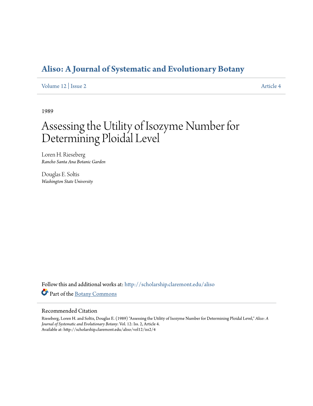 Assessing the Utility of Isozyme Number for Determining Ploidal Level Loren H