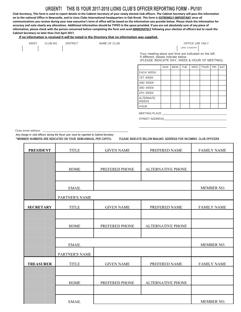 Urgent! This Is Your 2017-2018 Lions Club S Officer Reporting Form - Pu101