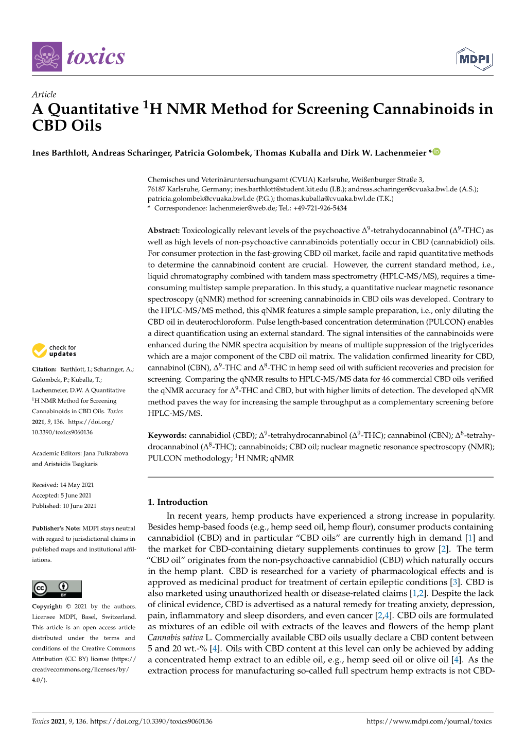 A Quantitative 1H NMR Method for Screening Cannabinoids in CBD Oils