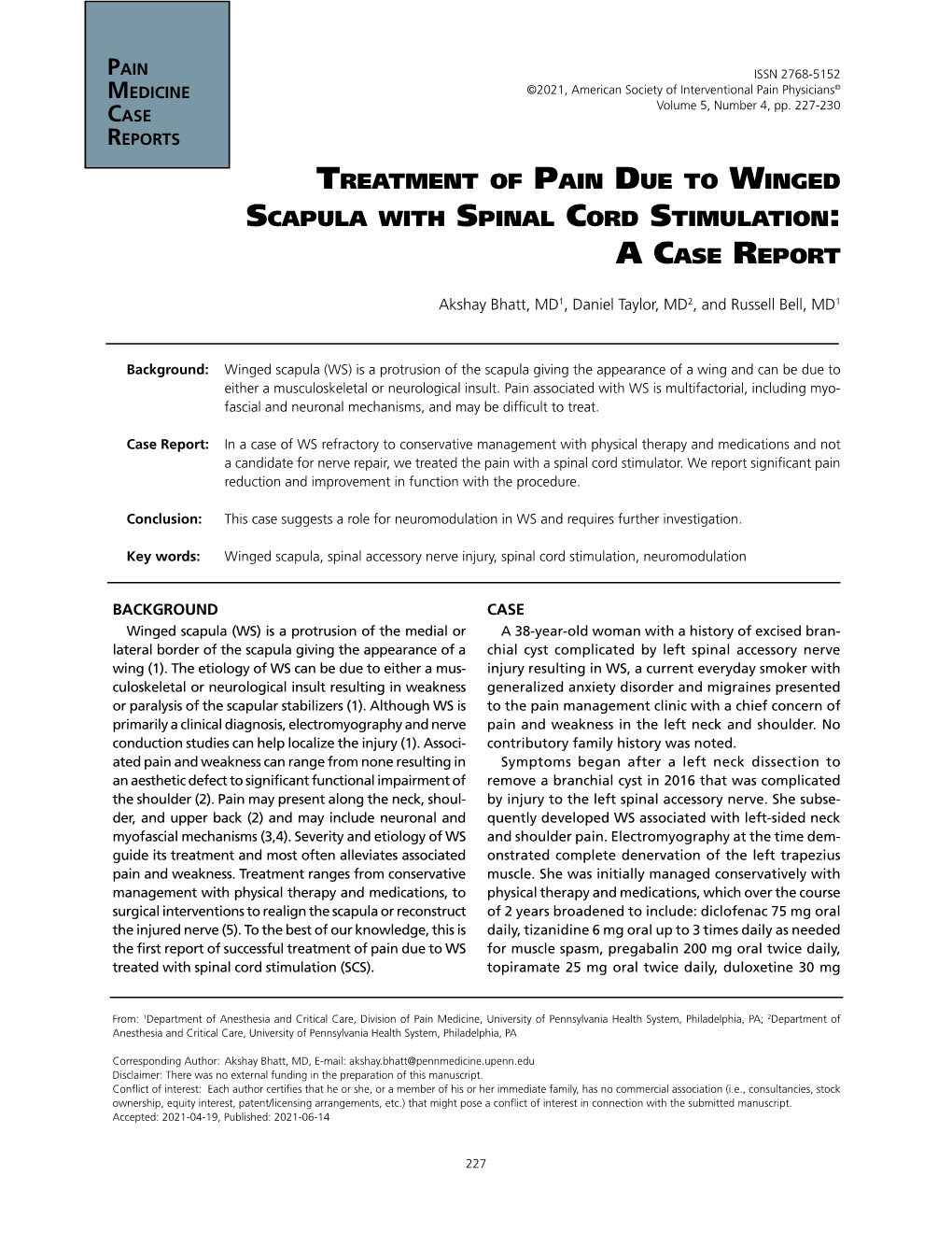 Treatment of Pain Due to Winged Scapula with Spinal Cord Stimulation: a Case Report