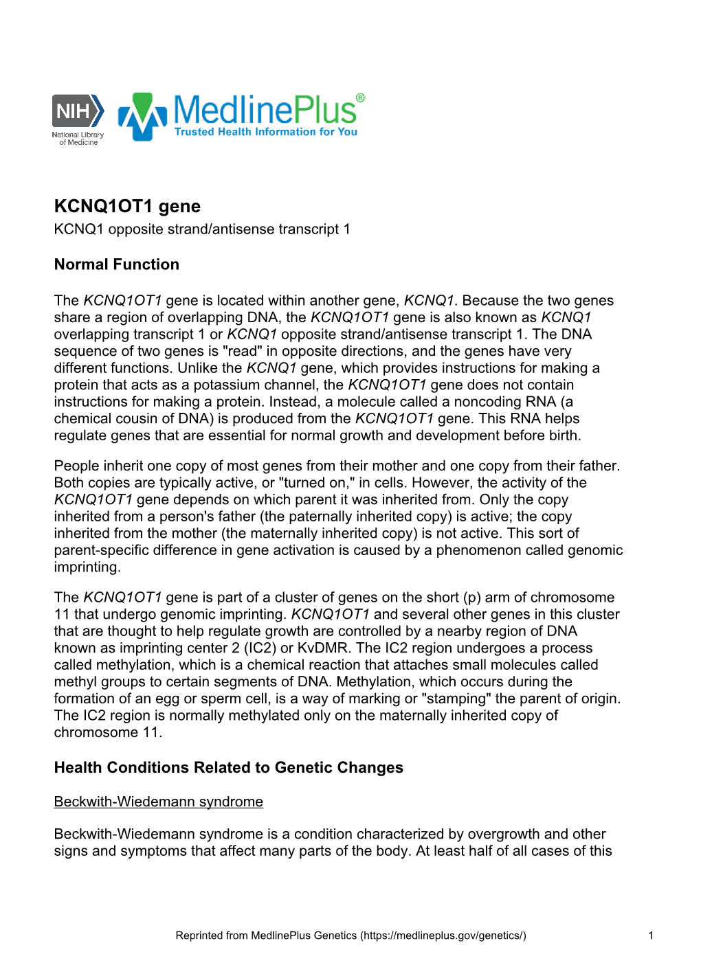 KCNQ1OT1 Gene KCNQ1 Opposite Strand/Antisense Transcript 1