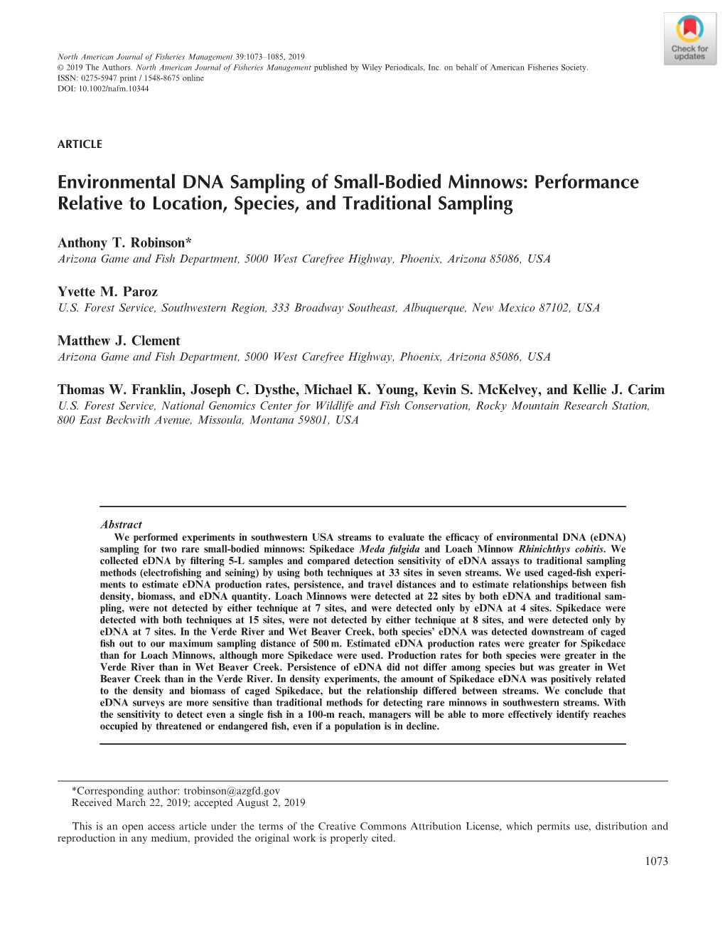 Environmental DNA Sampling of Small-Bodied Minnows: Performance Relative to Location, Species, and Traditional Sampling