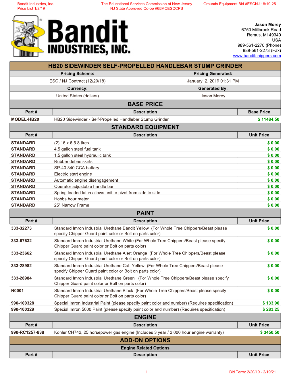 Bandit Industries, Inc. Price List 1/2/19