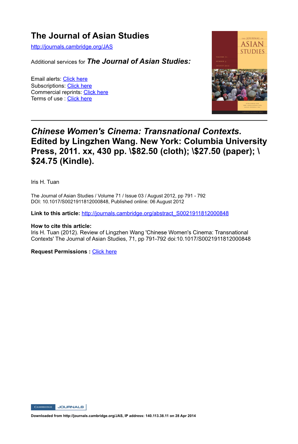 The Journal of Asian Studies Chinese Women's Cinema: Transnational