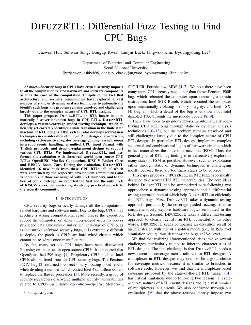 DIFUZZRTL: Differential Fuzz Testing to Find CPU Bugs