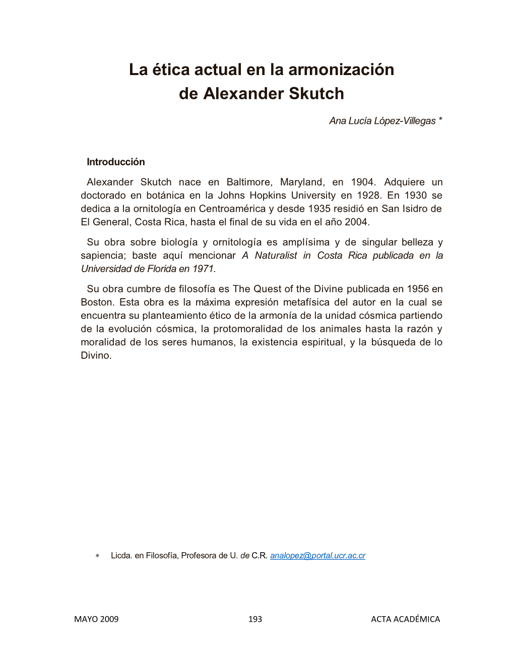 La Ética Actual En La Armonización De Alexander Skutch