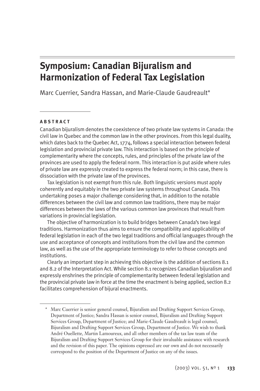 Symposium: Canadian Bijuralism and Harmonization of Federal Tax Legislation