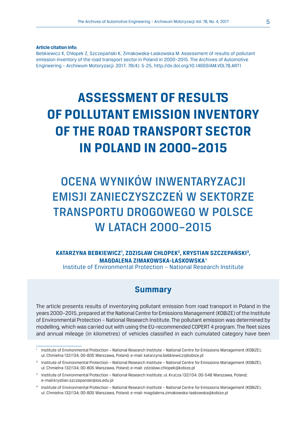 Assessment of Results of Pollutant Emission Inventory of the Road Transport Sector in Poland in 2000–2015
