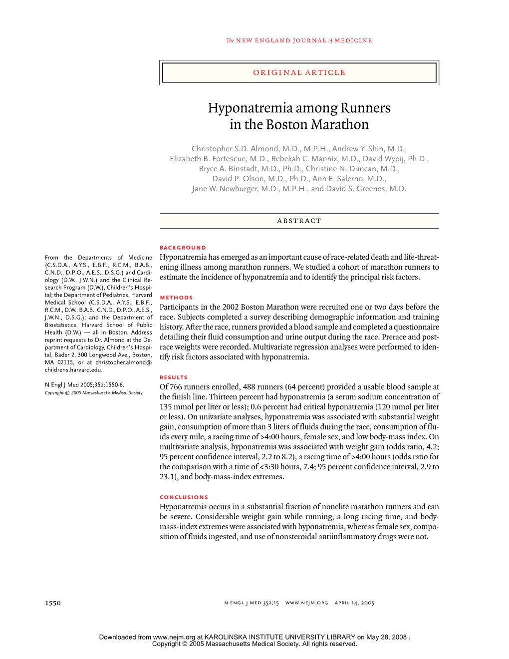 Hyponatremia Among Runners in the Boston Marathon