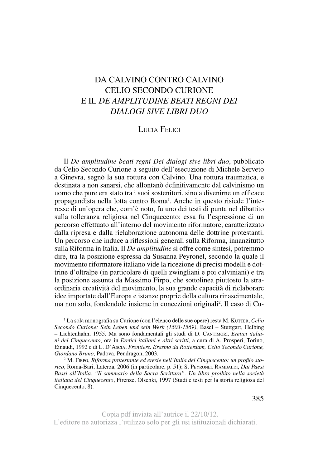 Da Calvino Contro Calvino Celio Secondo Curione E Il De Amplitudine Beati Regni Dei Dialogi Sive Libri Duo