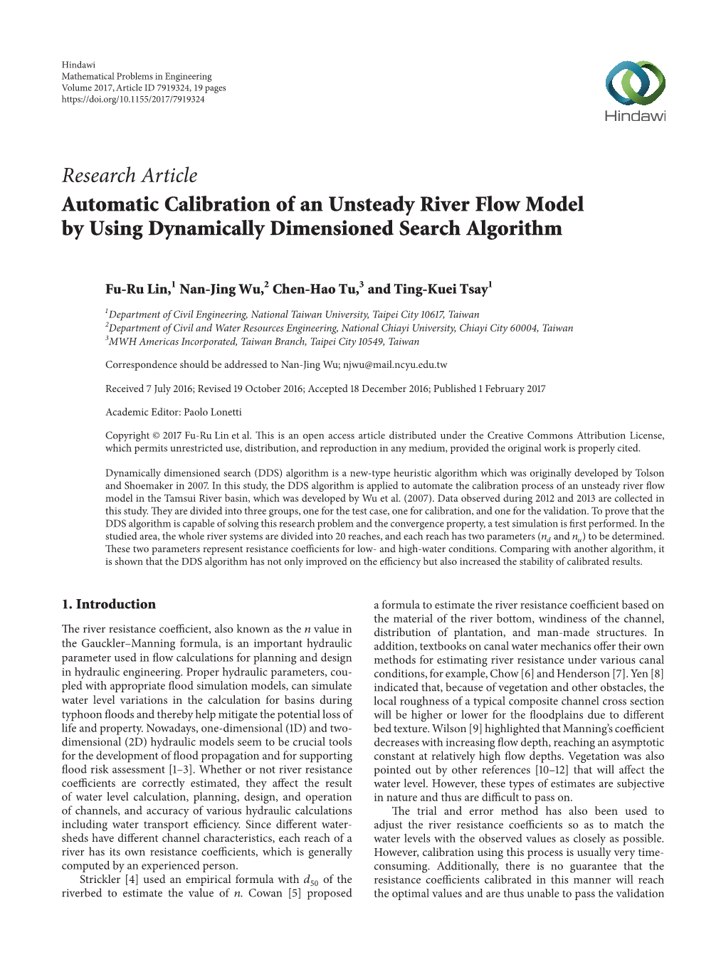 Research Article Automatic Calibration of an Unsteady River Flow Model by Using Dynamically Dimensioned Search Algorithm