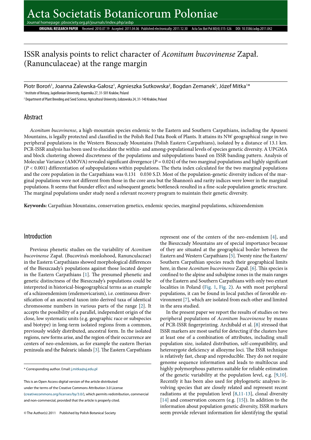 ISSR Analysis Points to Relict Character of Aconitum Bucovinense Zapał