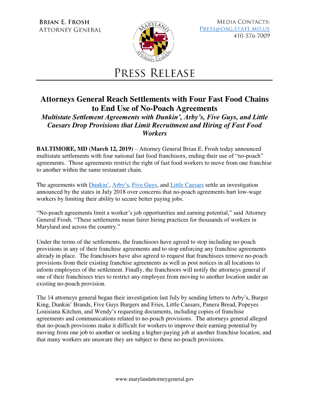 Attorneys General Reach Settlements with Four Fast Food Chains to End Use of No-Poach Agreements