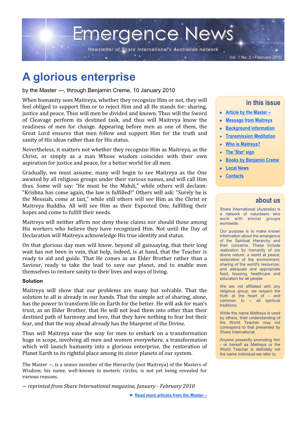 Emergence Newsnews Newsletter of Share International's Australian Network Vol