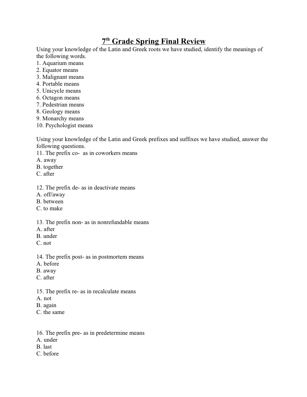 7Th Grade Spring Final Review