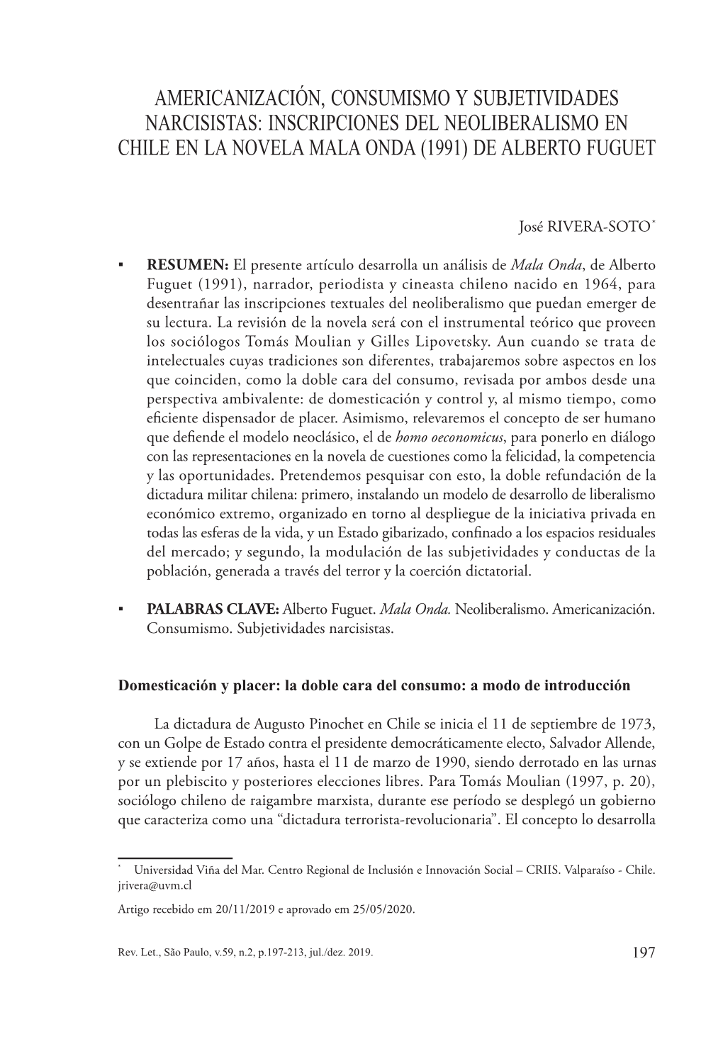 Inscripciones Del Neoliberalismo En Chile En La Novela Mala Onda (1991) De Alberto Fuguet