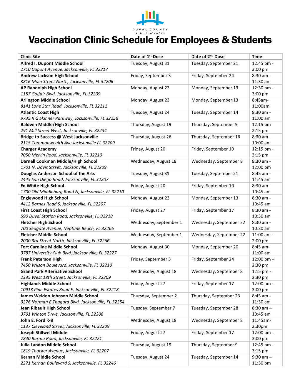 Vaccination Clinic Schedule for Employees & Students