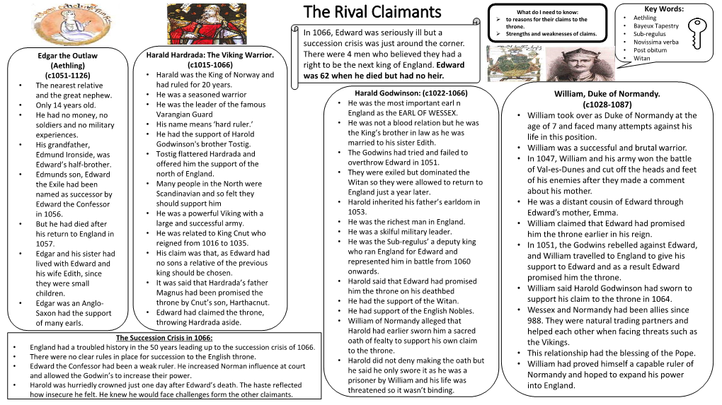 The Rival Claimants  to Reasons for Their Claims to the • Aethling Throne