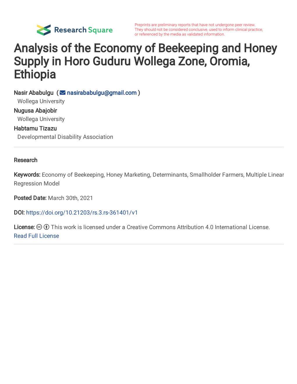 Analysis of the Economy of Beekeeping and Honey Supply in Horo Guduru Wollega Zone, Oromia, Ethiopia