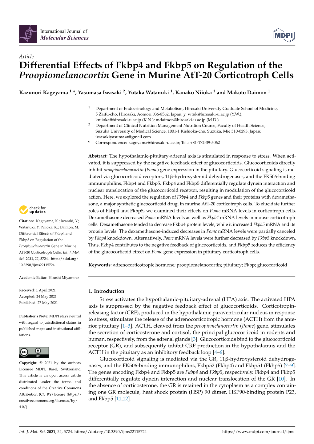 Differential Effects of Fkbp4 and Fkbp5 on Regulation of the Proopiomelanocortin Gene in Murine Att-20 Corticotroph Cells