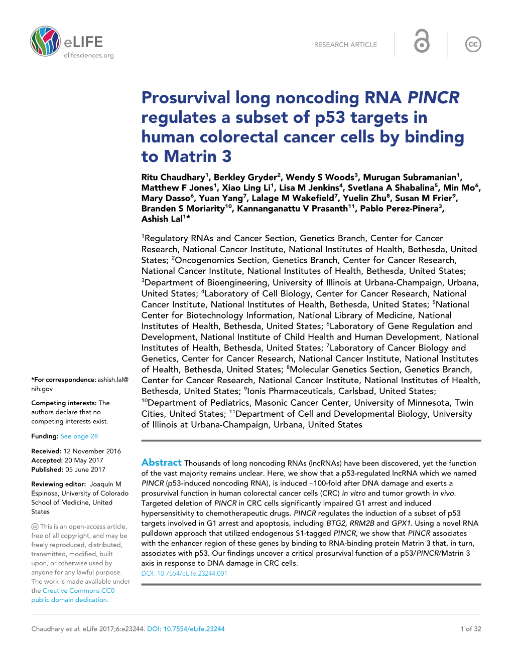 Prosurvival Long Noncoding RNA PINCR Regulates a Subset of P53