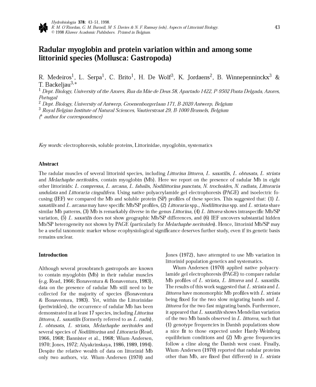 Radular Myoglobin and Protein Variation Within and Among Some Littorinid Species (Mollusca: Gastropoda)